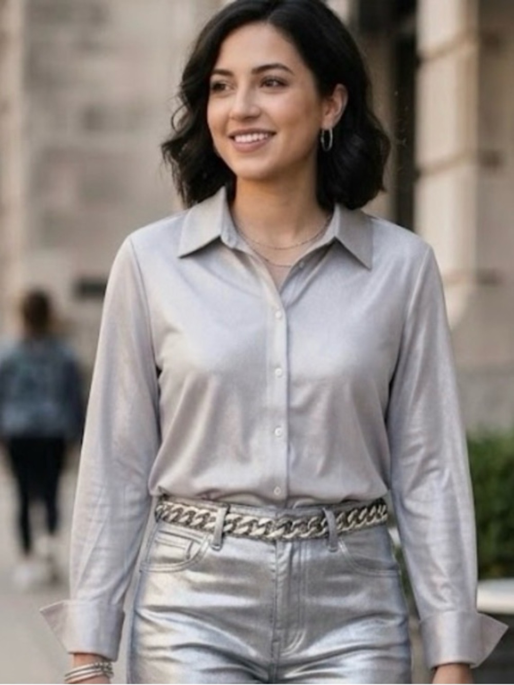 CeCe Shimmer Metallic Silver Button Down Blouse Top Large